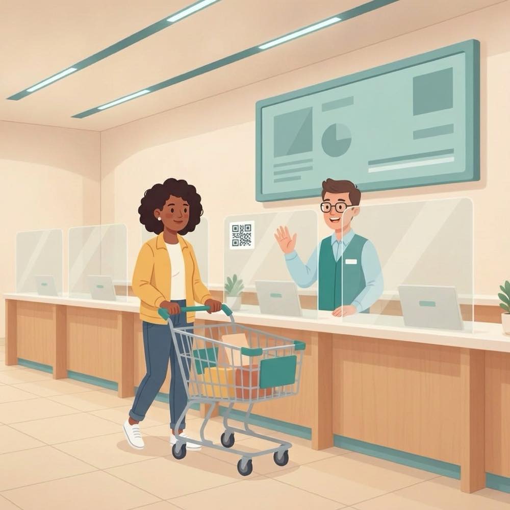 Checkout counters scene: Straight to the right counter.