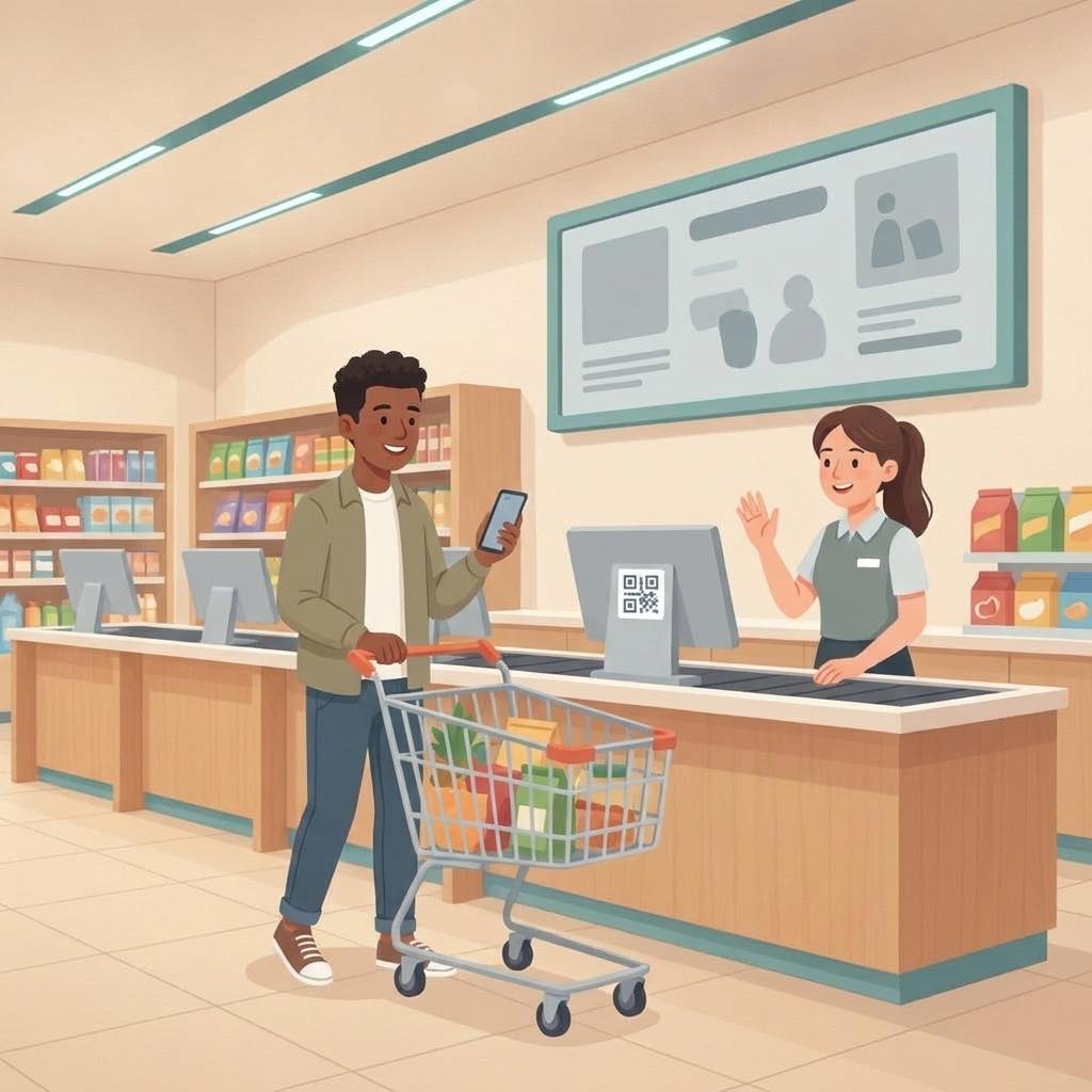 A shopper with a cart checking a phone while a cashier waves from an open checkout counter.