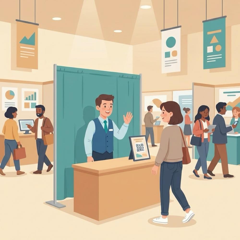 Conference & career fair booths scene: Straight to the right rep.