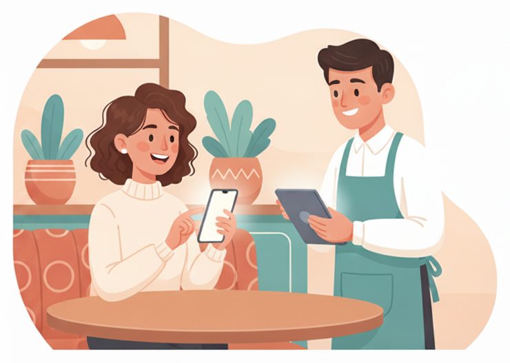 A guest with a phone and a friendly server in a warm restaurant.