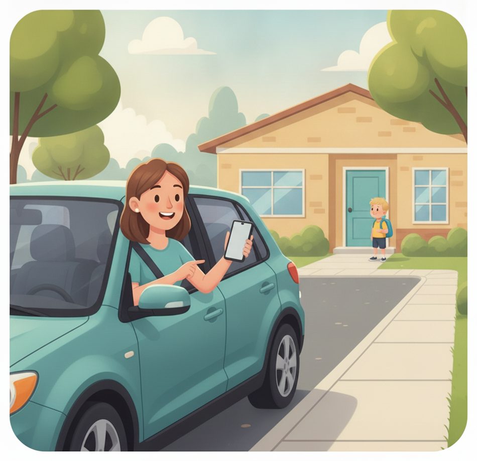 Schools & daycares scene: Tap “on my way” from the car.