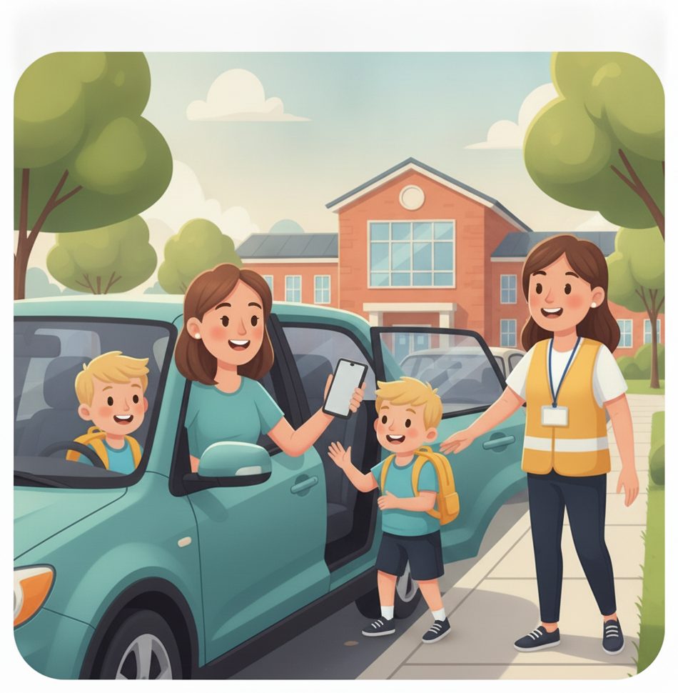 Schools & daycares scene: A quick, safe handoff.