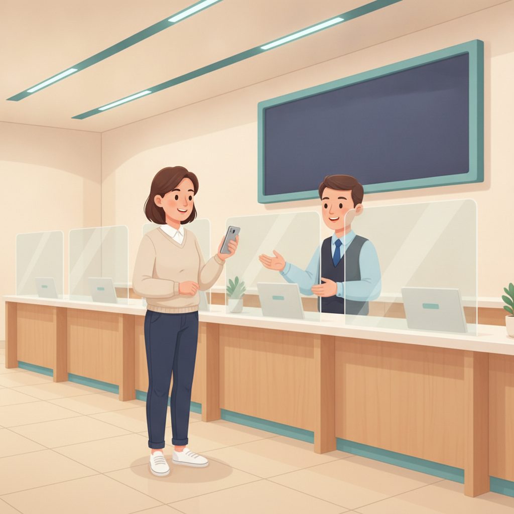 A visitor with a phone and a friendly clerk at a tidy service counter.