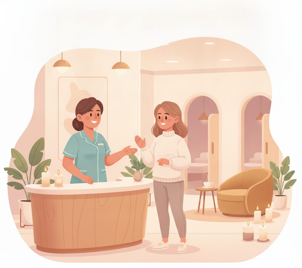 Spas, studios & rooms scene: Your therapist walks you back.