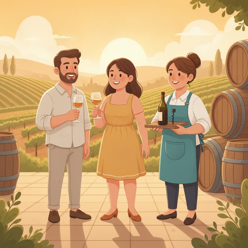 A cheerful couple with wine glasses and a friendly server on a sunny vineyard patio.