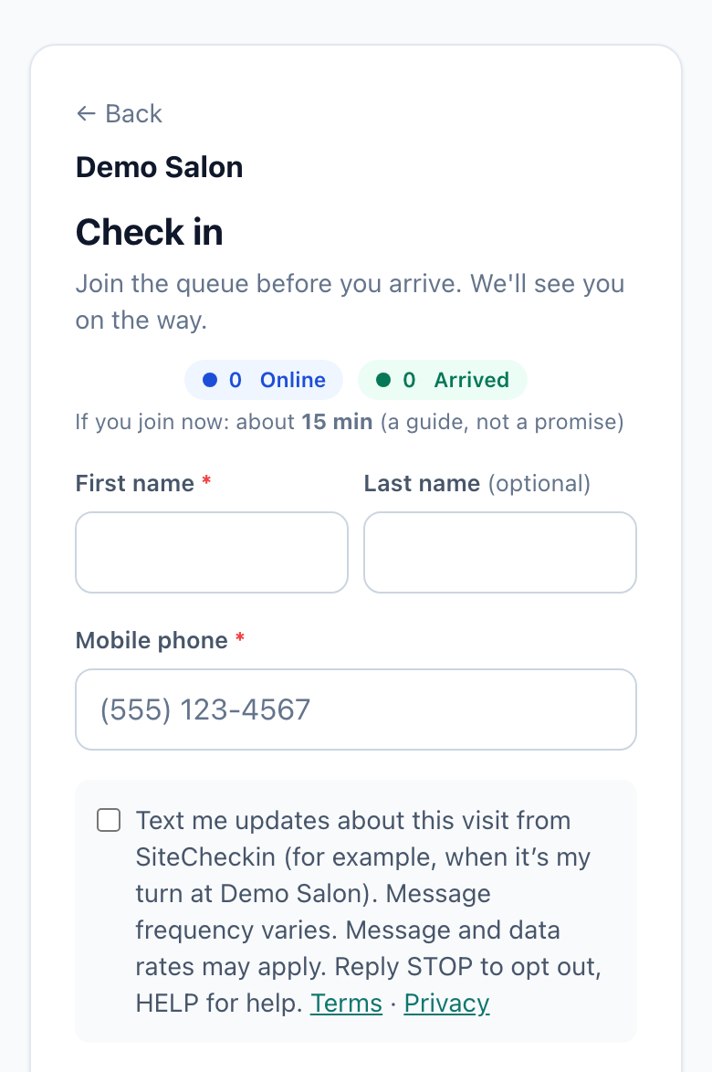 SiteCheckin check-in form with the unticked 'Text me updates about this visit from SiteCheckin' checkbox under the phone number